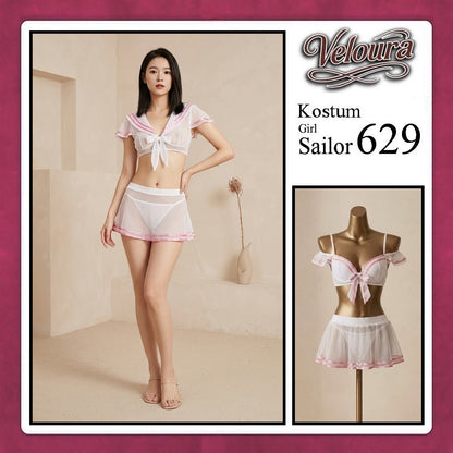 Veloura Girl Sailor Cosplay Set - Lingerie Kostum Pelaut Seksi Two-Piece Mesh Mini Skirt 629