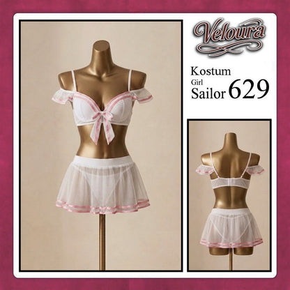 Veloura Girl Sailor Cosplay Set - Lingerie Kostum Pelaut Seksi Two-Piece Mesh Mini Skirt 629