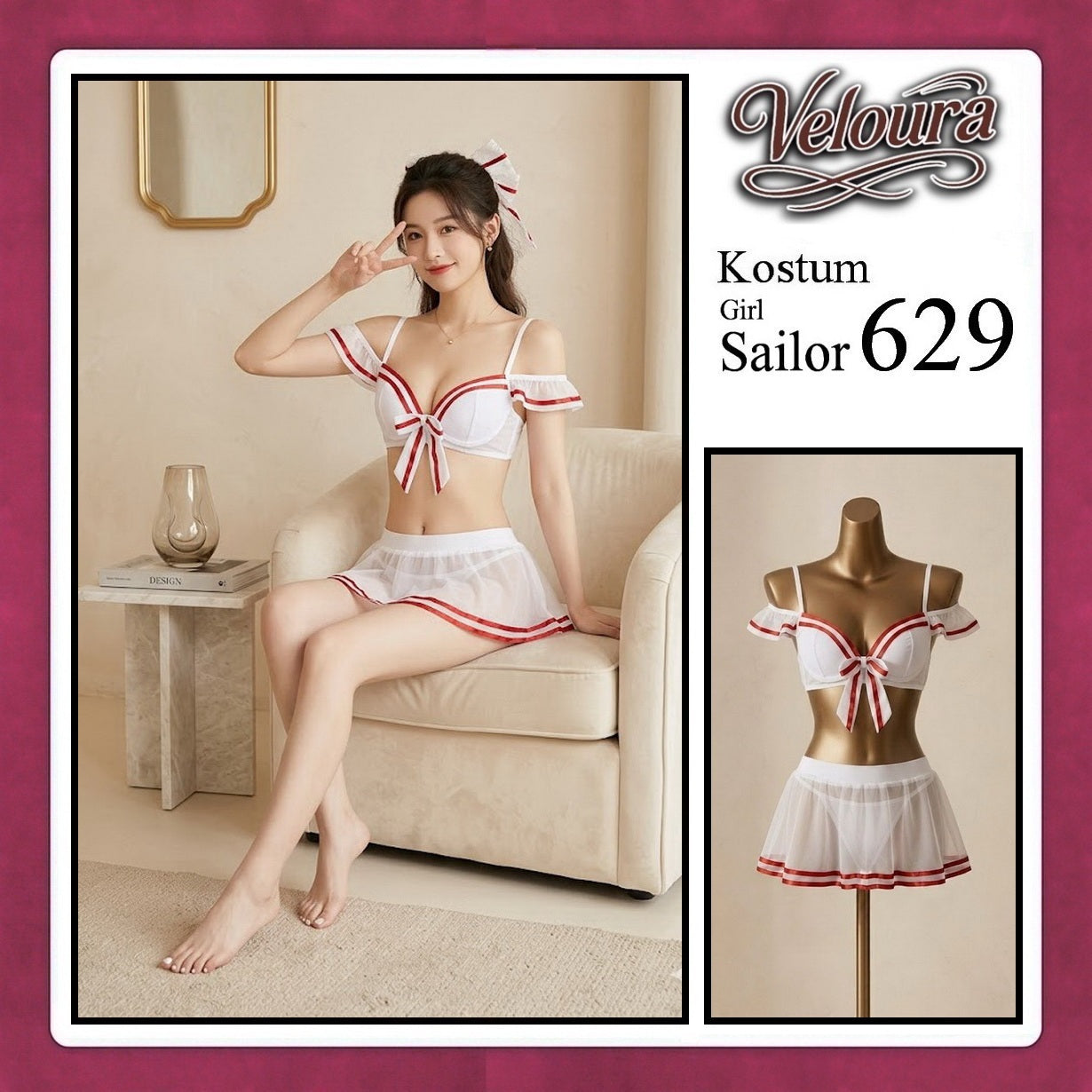 Veloura Girl Sailor Cosplay Set - Lingerie Kostum Pelaut Seksi Two-Piece Mesh Mini Skirt 629