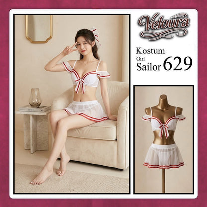 Veloura Girl Sailor Cosplay Set - Lingerie Kostum Pelaut Seksi Two-Piece Mesh Mini Skirt 629