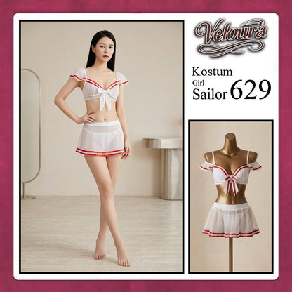 Veloura Girl Sailor Cosplay Set - Lingerie Kostum Pelaut Seksi Two-Piece Mesh Mini Skirt 629