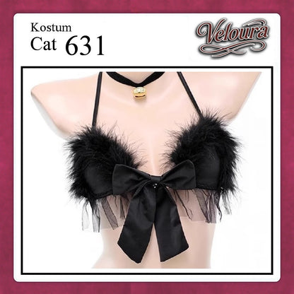 Veloura Pakaian Wanita Sexy Lingerie Bra dan G string Set - Tema Kucing Cosplay Cat Black White 631