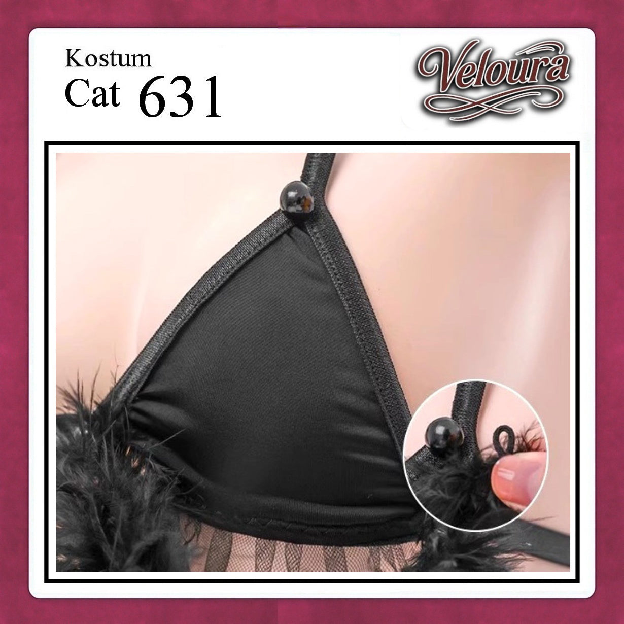 Veloura Pakaian Wanita Sexy Lingerie Bra dan G string Set - Tema Kucing Cosplay Cat Black White 631