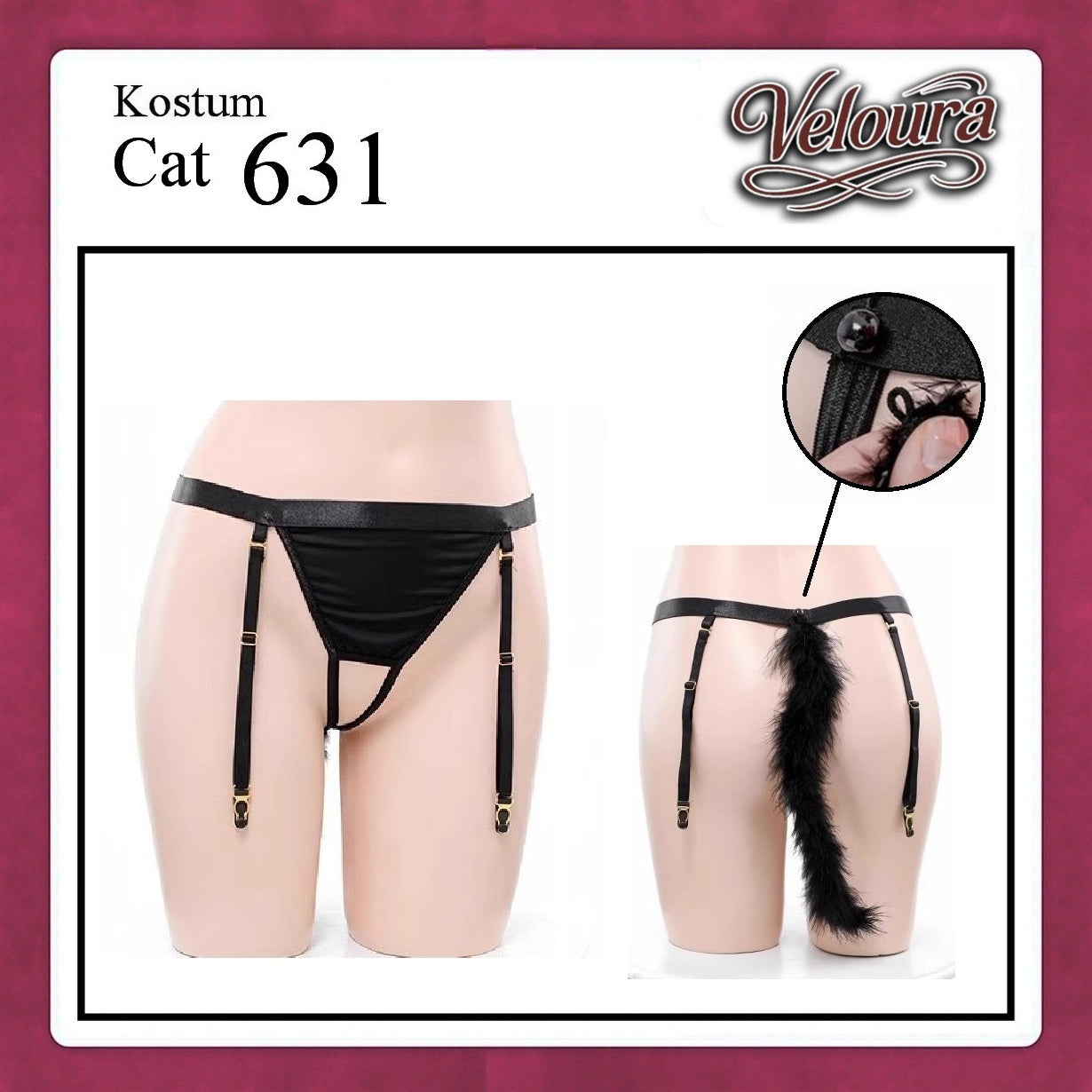 Veloura Pakaian Wanita Sexy Lingerie Bra dan G string Set - Tema Kucing Cosplay Cat Black White 631