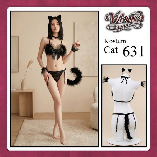 Veloura Pakaian Wanita Sexy Lingerie Bra dan G string Set - Tema Kucing Cosplay Cat Black White 631