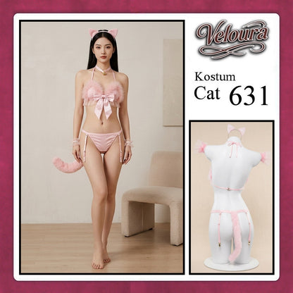 Veloura Pakaian Wanita Sexy Lingerie Bra dan G string Set - Tema Kucing Cosplay Cat Black White 631