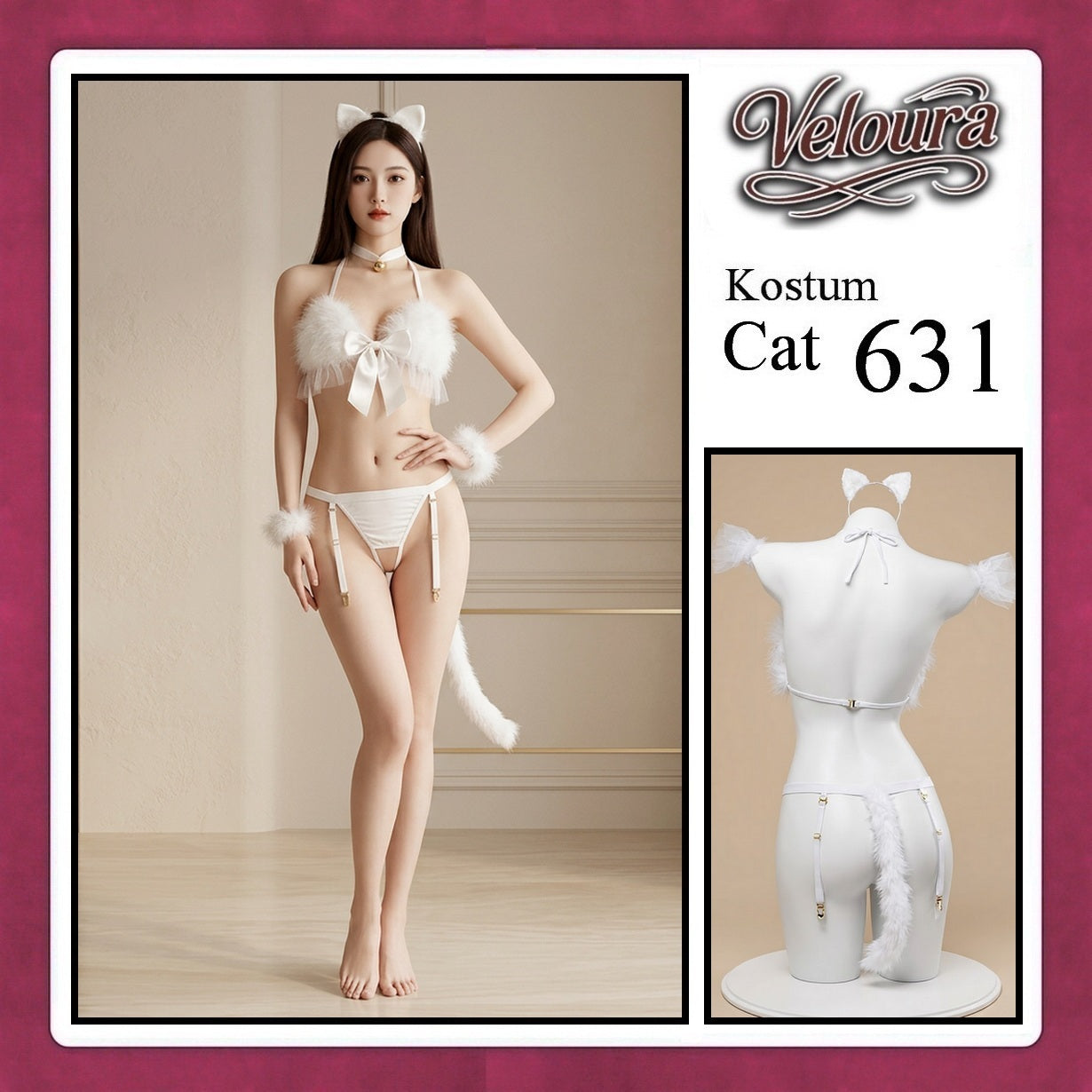 Veloura Pakaian Wanita Sexy Lingerie Bra dan G string Set - Tema Kucing Cosplay Cat Black White 631