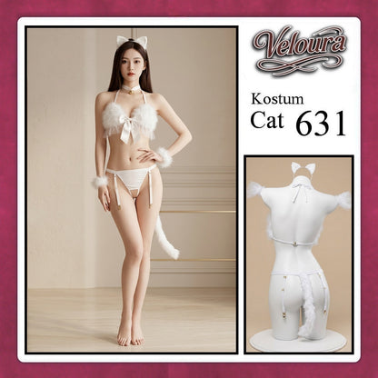 Veloura Pakaian Wanita Sexy Lingerie Bra dan G string Set - Tema Kucing Cosplay Cat Black White 631