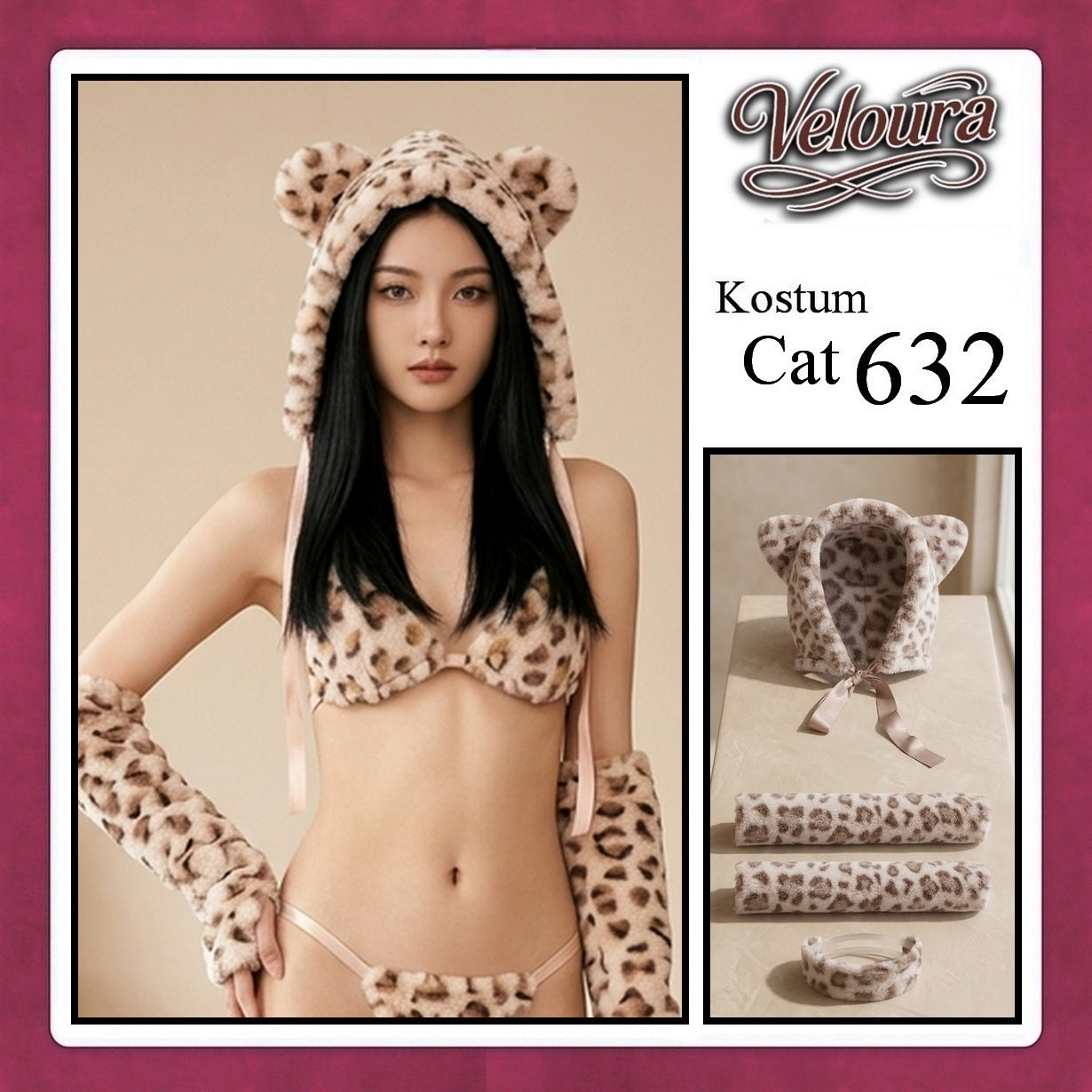 Veloura Pakaian Sexy Lingerie Kostum Night Cosplay Kucing  - Cat Hoody 632 + STOCKING