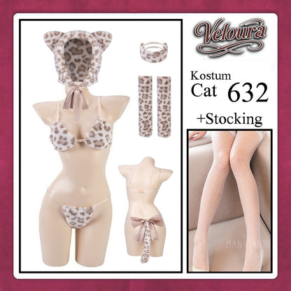 Veloura Pakaian Sexy Lingerie Kostum Night Cosplay Kucing  - Cat Hoody 632 + STOCKING
