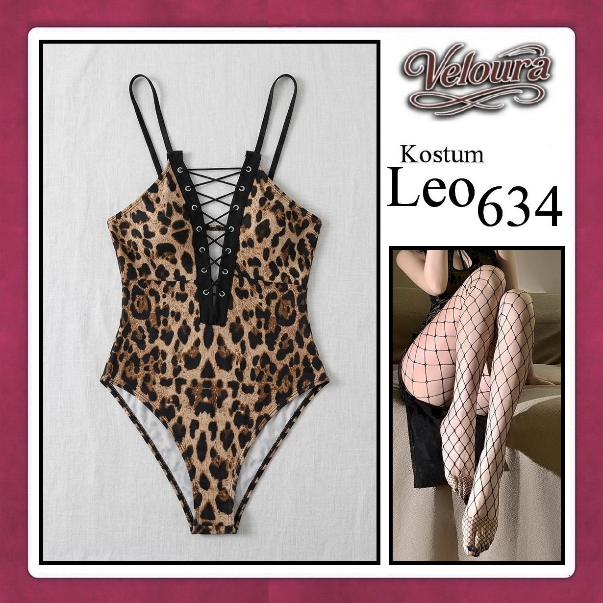Veloura Leo Cosplay Set - Lingerie Kostum Macan Tutul Seksi One-Piece Lace-Up Bodysuit 634