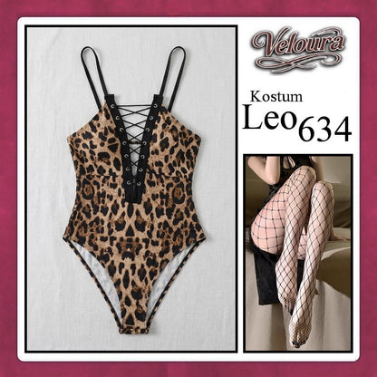 Veloura Leo Cosplay Set - Lingerie Kostum Macan Tutul Seksi One-Piece Lace-Up Bodysuit 634