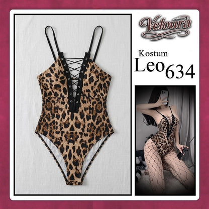 Veloura Leo Cosplay Set - Lingerie Kostum Macan Tutul Seksi One-Piece Lace-Up Bodysuit 634