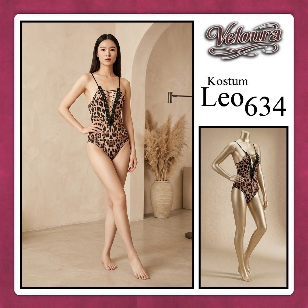 Veloura Leo Cosplay Set - Lingerie Kostum Macan Tutul Seksi One-Piece Lace-Up Bodysuit 634