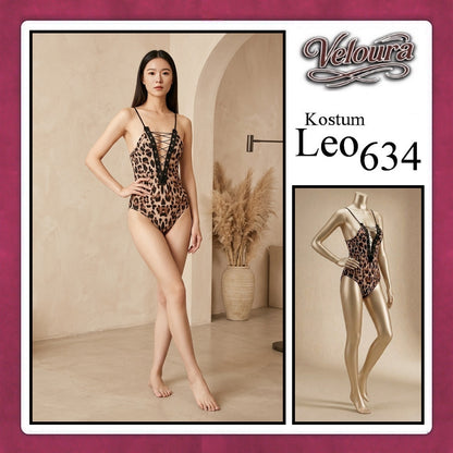 Veloura Leo Cosplay Set - Lingerie Kostum Macan Tutul Seksi One-Piece Lace-Up Bodysuit 634