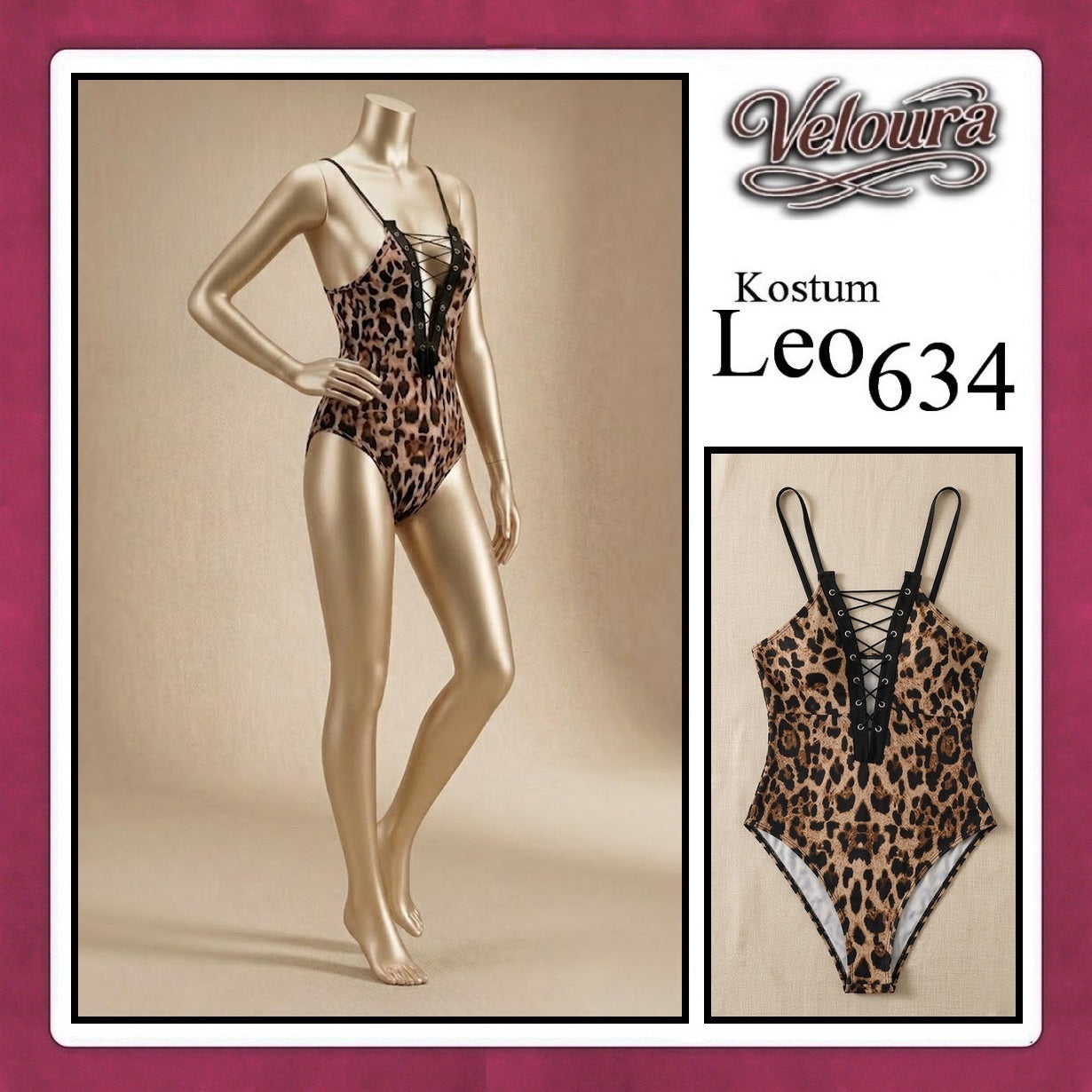 Veloura Leo Cosplay Set - Lingerie Kostum Macan Tutul Seksi One-Piece Lace-Up Bodysuit 634