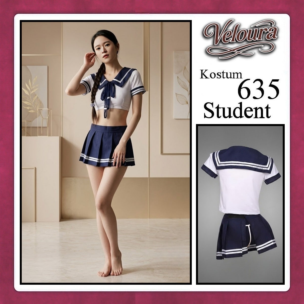 Veloura Student Cosplay Set - Lingerie Kostum Seragam Sekolah Seksi Sailor Crop Top & Pleated Mini Skirt 635