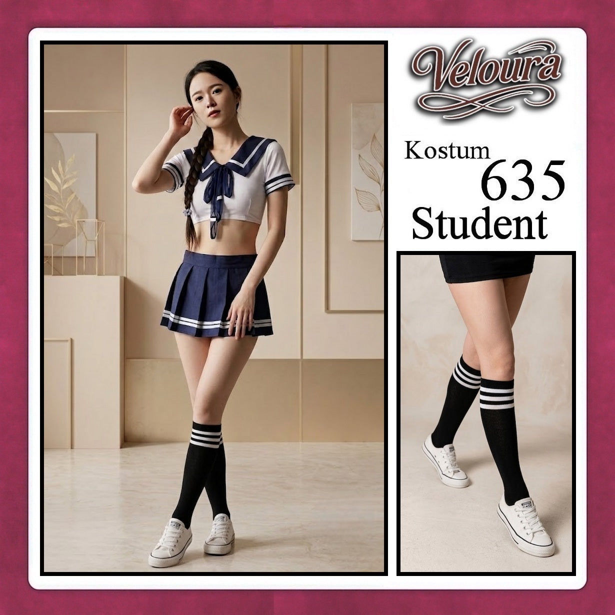 Veloura Student Cosplay Set - Lingerie Kostum Seragam Sekolah Seksi Sailor Crop Top & Pleated Mini Skirt 635
