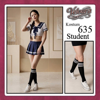 Veloura Student Cosplay Set - Lingerie Kostum Seragam Sekolah Seksi Sailor Crop Top & Pleated Mini Skirt 635
