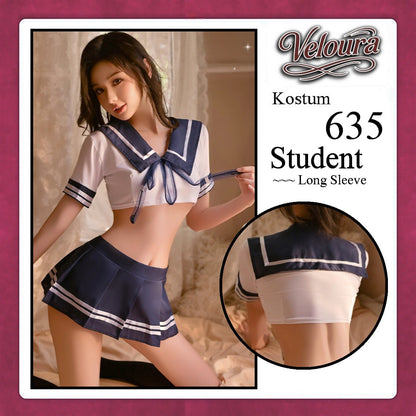 Veloura Student Cosplay Set - Lingerie Kostum Seragam Sekolah Seksi Sailor Crop Top & Pleated Mini Skirt 635