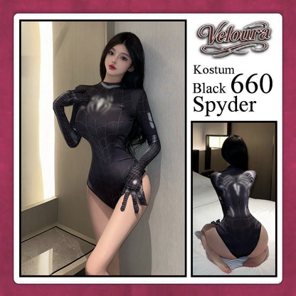 Veloura Sexy Lingerie Pakaian Kostum Cosplay Tema Black Lady Spyder Girl - 660