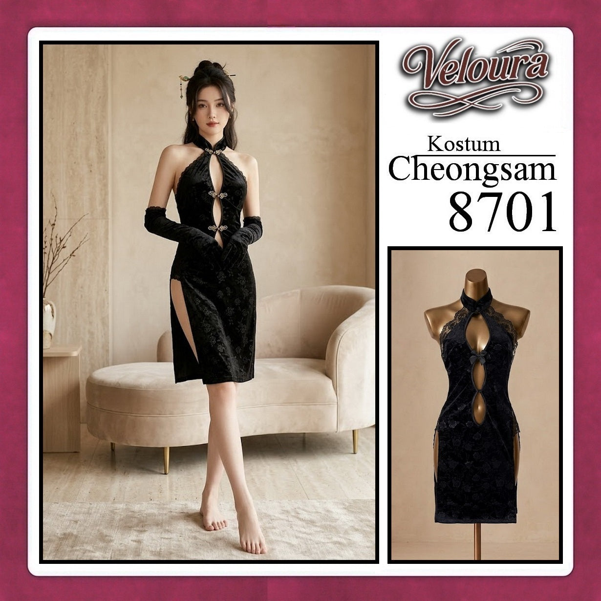 Veloura Pakaian Cheongsam Mini Kostum Lingerie Set Dress Sexy Model Baju China 8701