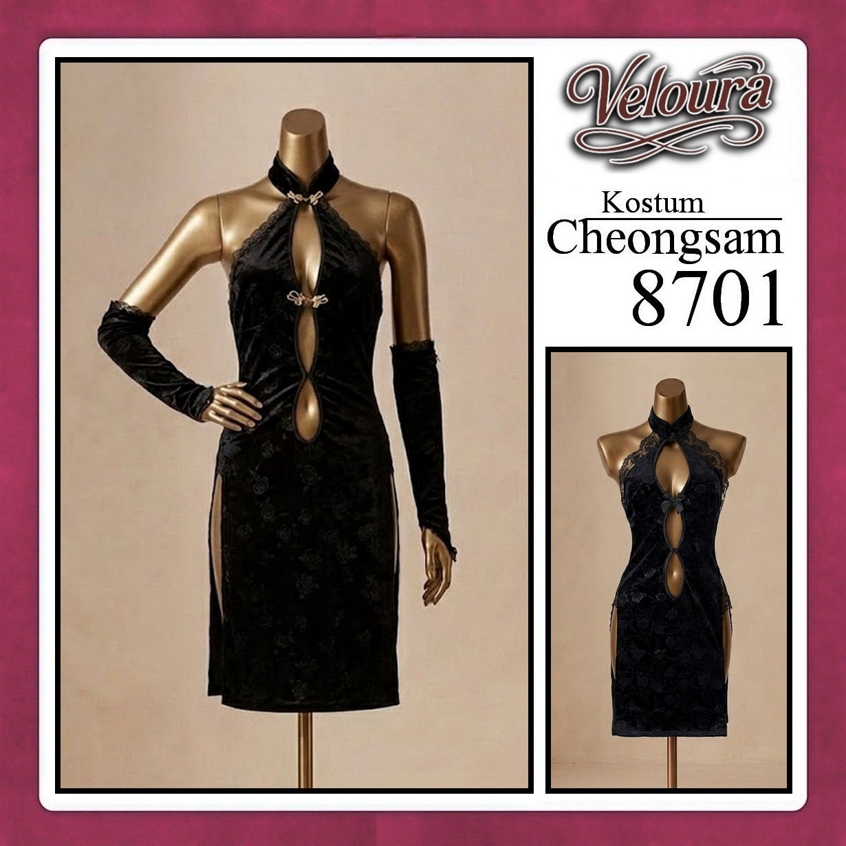 Veloura Pakaian Cheongsam Mini Kostum Lingerie Set Dress Sexy Model Baju China 8701