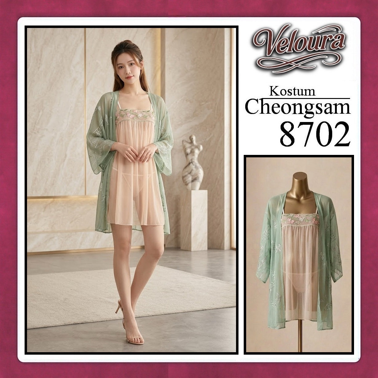 Veloura Pakaian Cheongsam Mini Kostum Lingerie Set Dress Sexy Model Baju China 8702