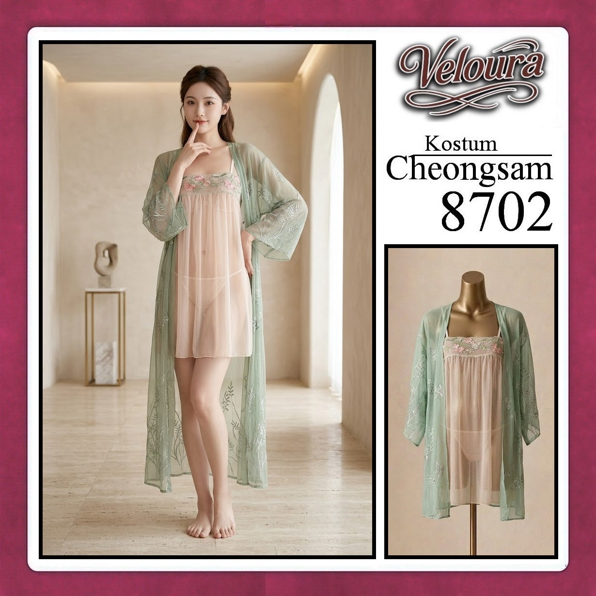 Veloura Pakaian Cheongsam Mini Kostum Lingerie Set Dress Sexy Model Baju China 8702