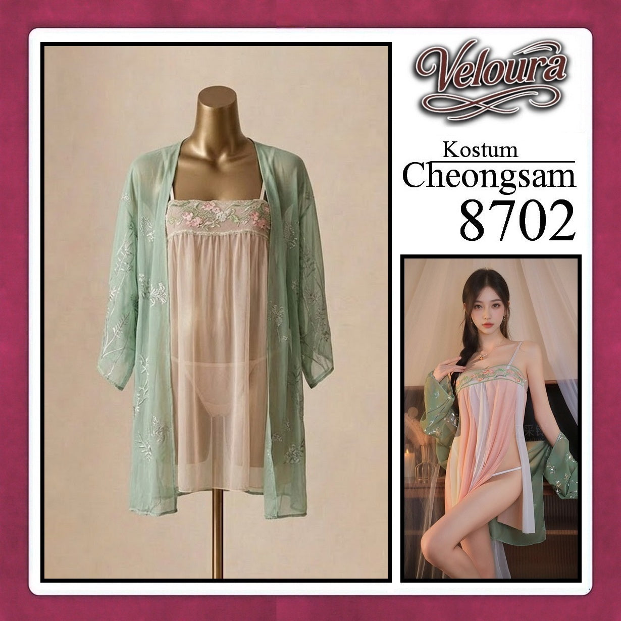 Veloura Pakaian Cheongsam Mini Kostum Lingerie Set Dress Sexy Model Baju China 8702