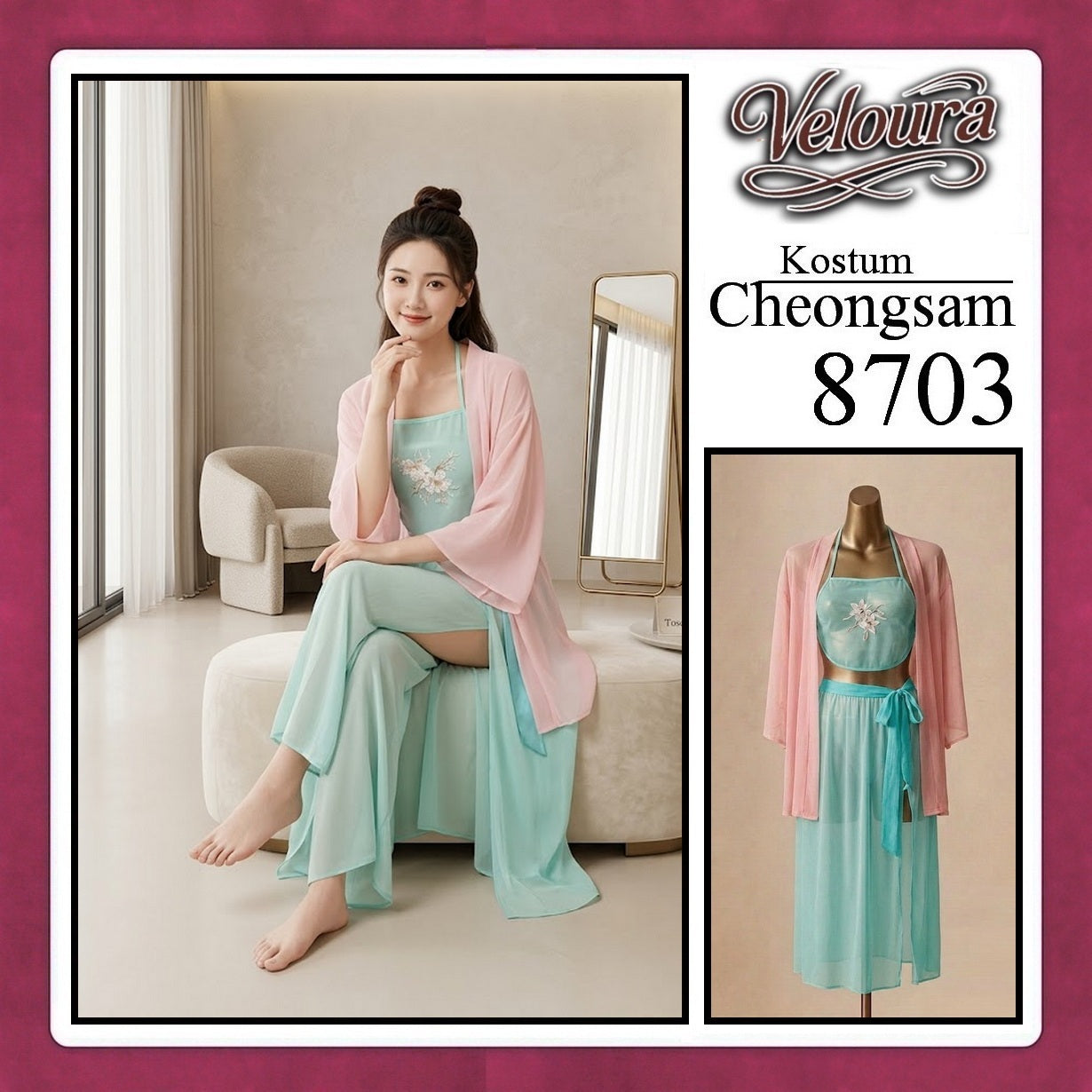 Veloura Pakaian Cheongsam Mini Kostum Lingerie Set Dress Sexy Model Baju China 8703