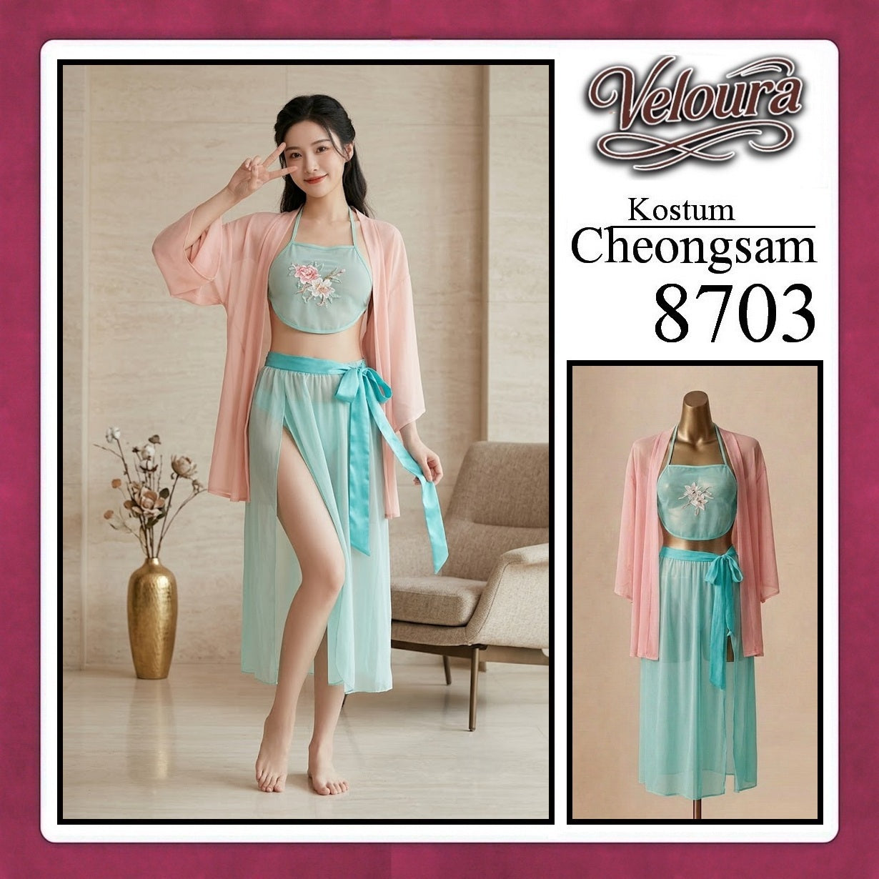 Veloura Pakaian Cheongsam Mini Kostum Lingerie Set Dress Sexy Model Baju China 8703