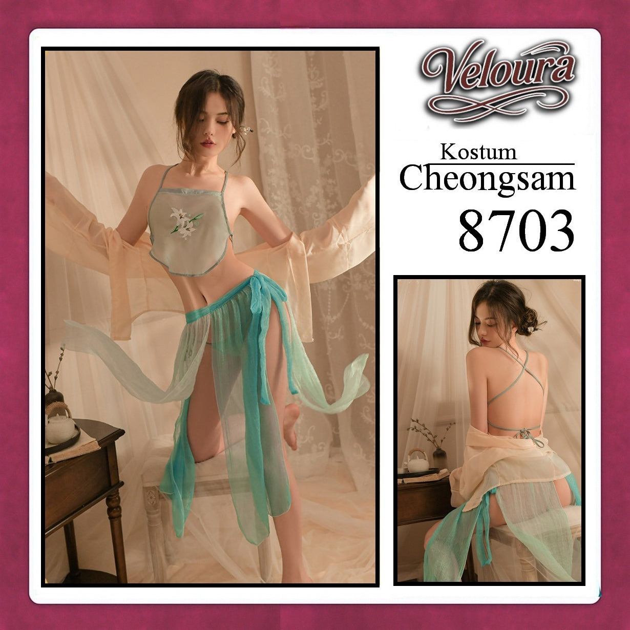 Veloura Pakaian Cheongsam Mini Kostum Lingerie Set Dress Sexy Model Baju China 8703
