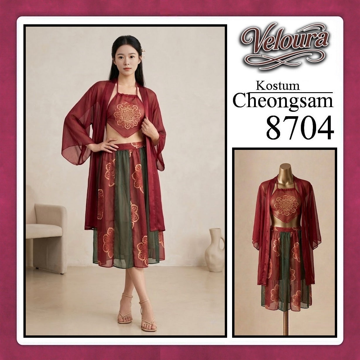 Veloura Pakaian Cheongsam Mini Kostum Lingerie Set Dress Sexy Model Baju China 8704