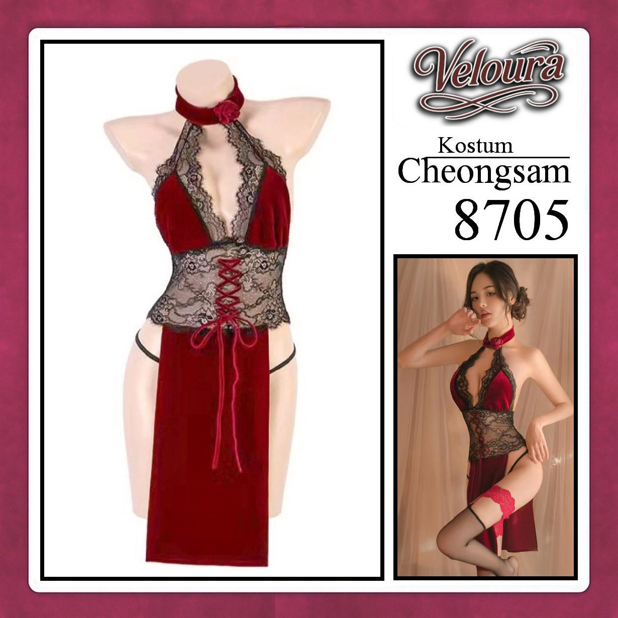 Veloura Pakaian Cheongsam Mini Kostum Lingerie Set Dress Sexy Model Baju China 8705