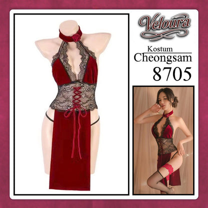 Veloura Pakaian Cheongsam Mini Kostum Lingerie Set Dress Sexy Model Baju China 8705