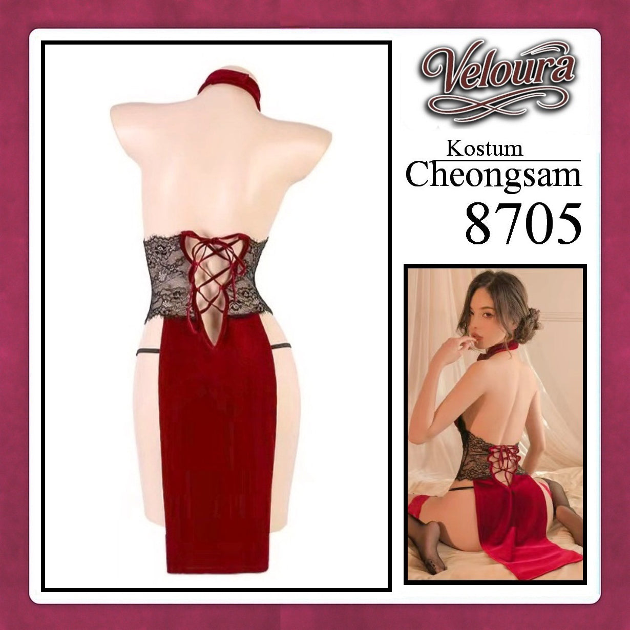 Veloura Pakaian Cheongsam Mini Kostum Lingerie Set Dress Sexy Model Baju China 8705