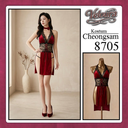 Veloura Pakaian Cheongsam Mini Kostum Lingerie Set Dress Sexy Model Baju China 8706