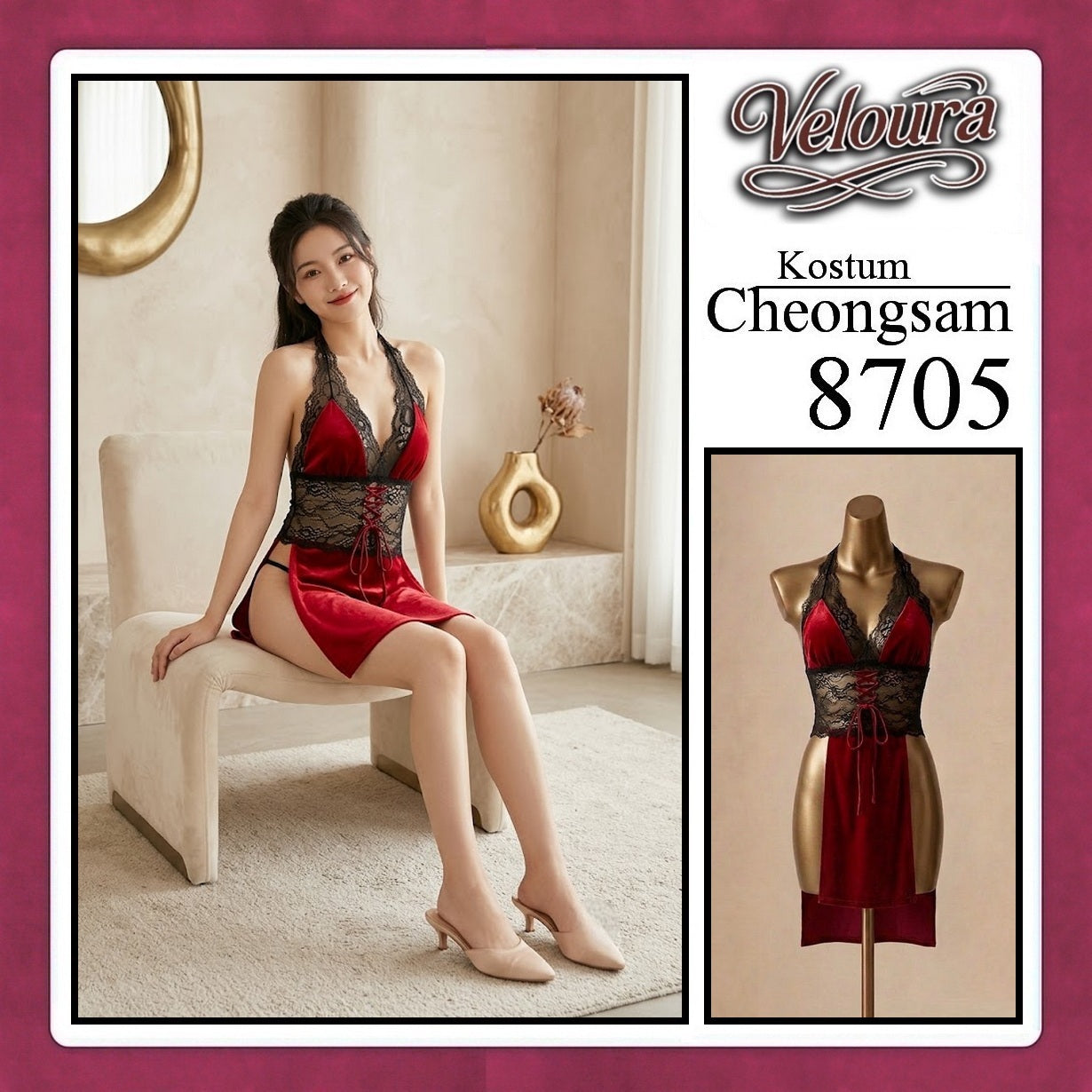 Veloura Pakaian Cheongsam Mini Kostum Lingerie Set Dress Sexy Model Baju China 8706