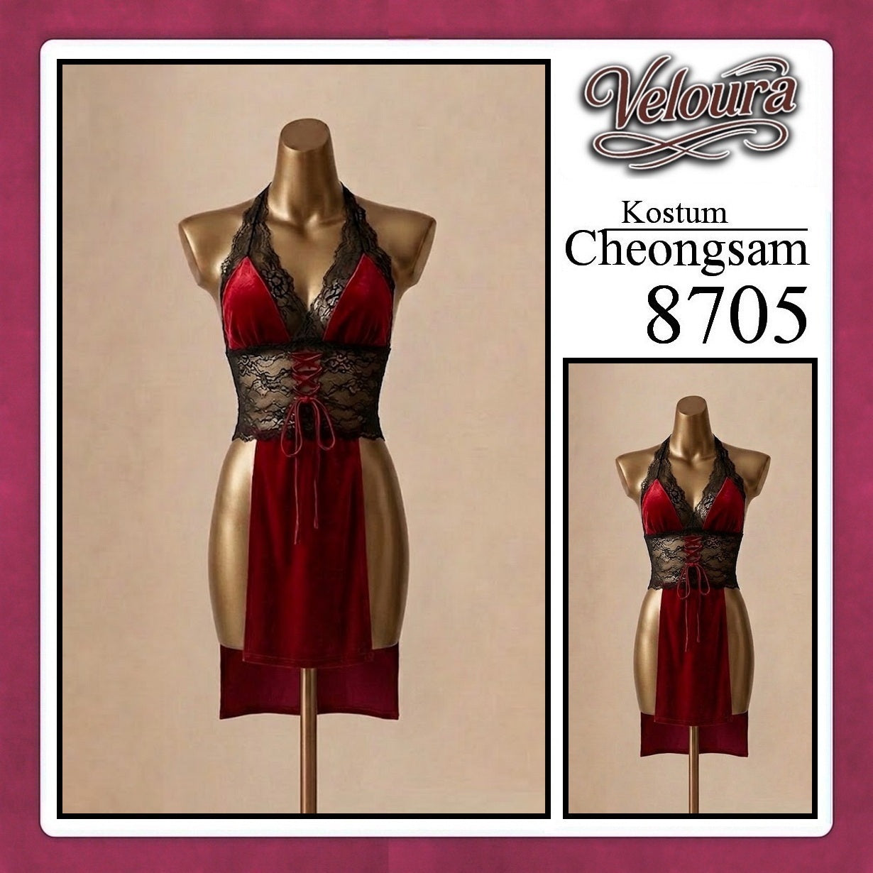 Veloura Pakaian Cheongsam Mini Kostum Lingerie Set Dress Sexy Model Baju China 8706