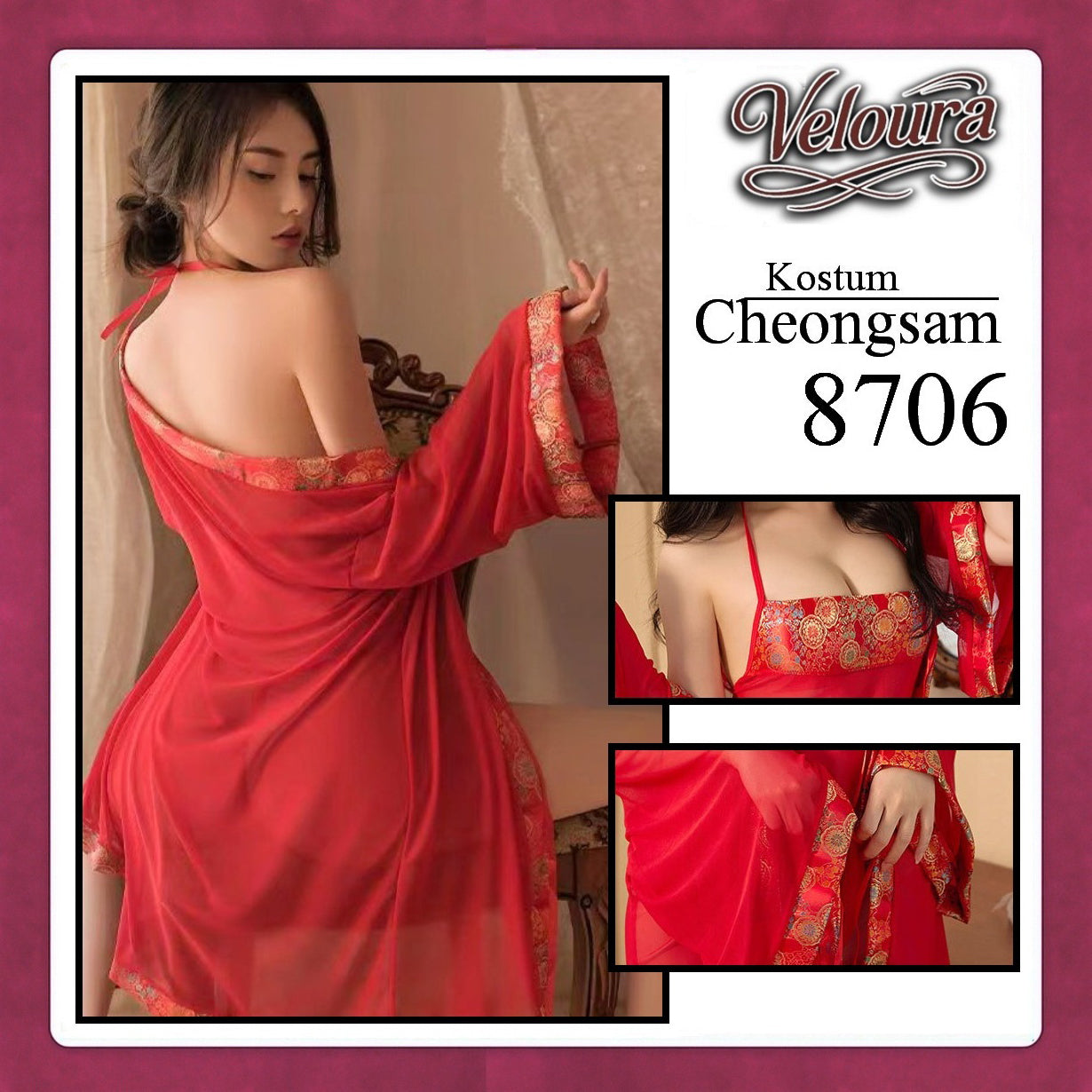 Veloura Pakaian Cheongsam Mini Kostum Lingerie Set Dress Sexy Model Baju China 8706