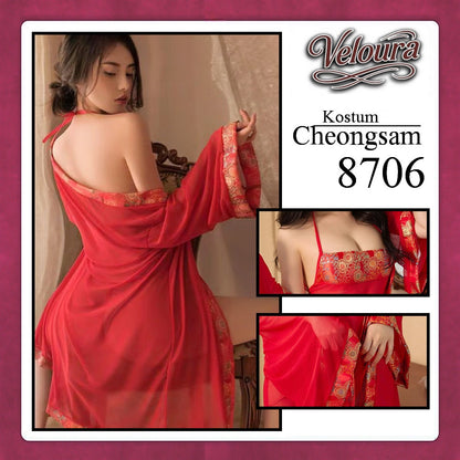 Veloura Pakaian Cheongsam Mini Kostum Lingerie Set Dress Sexy Model Baju China 8706