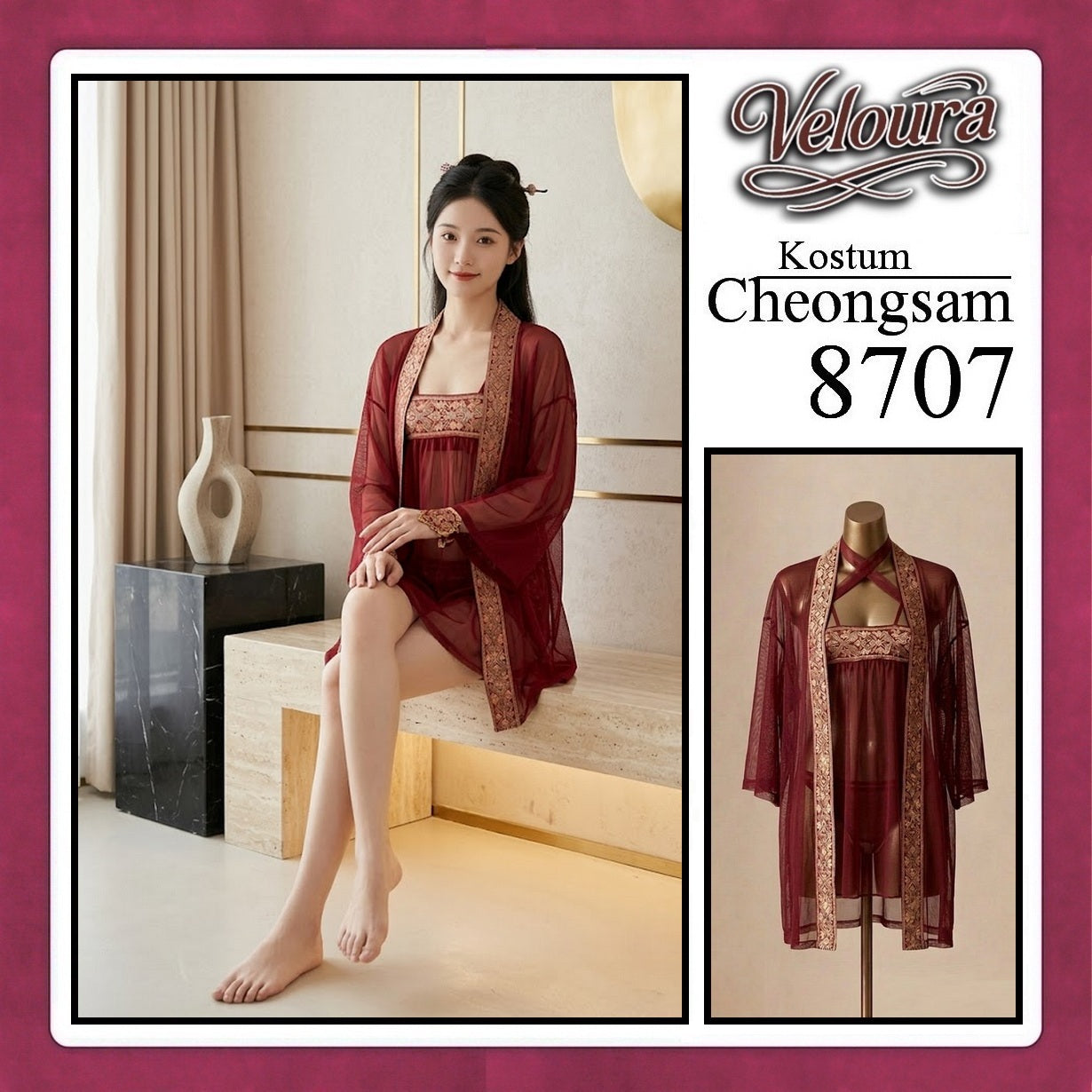 Veloura Pakaian Cheongsam Mini Kostum Lingerie Set Dress Sexy Model Baju China 8707