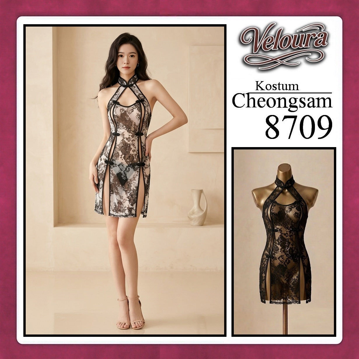 Veloura Pakaian Cheongsam Mini Kostum Lingerie Set Dress Sexy Model Baju China Black And Red 8709