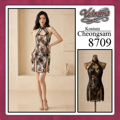 Veloura Pakaian Cheongsam Mini Kostum Lingerie Set Dress Sexy Model Baju China Black And Red 8709