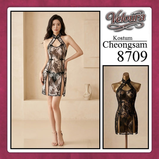 Veloura Pakaian Cheongsam Mini Kostum Lingerie Set Dress Sexy Model Baju China Black And Red 8709