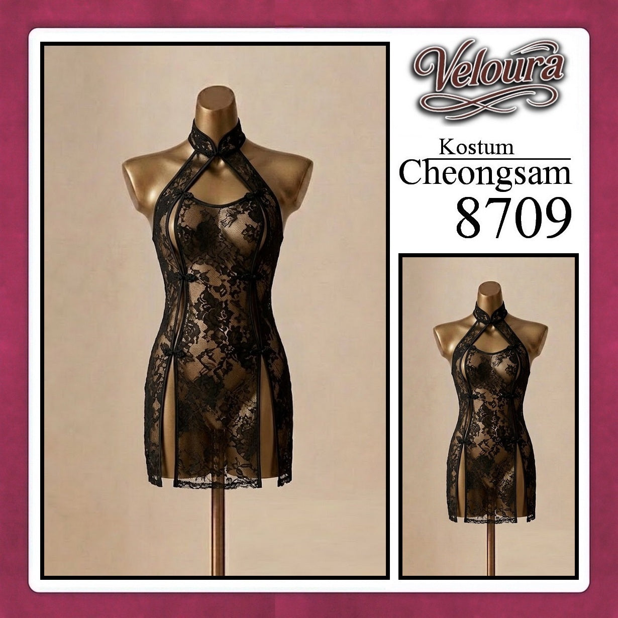 Veloura Pakaian Cheongsam Mini Kostum Lingerie Set Dress Sexy Model Baju China Black And Red 8709