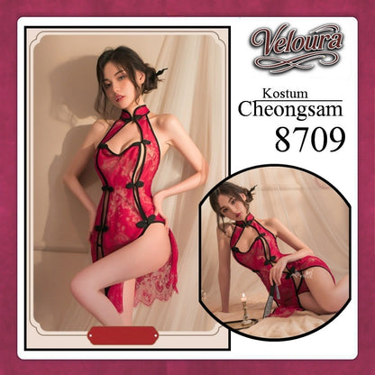 Veloura Pakaian Cheongsam Mini Kostum Lingerie Set Dress Sexy Model Baju China Black And Red 8709