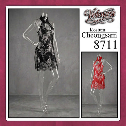 Veloura Pakaian Cheongsam Mini Kostum Lingerie Set Dress Sexy Model Baju China Black Red White 8711