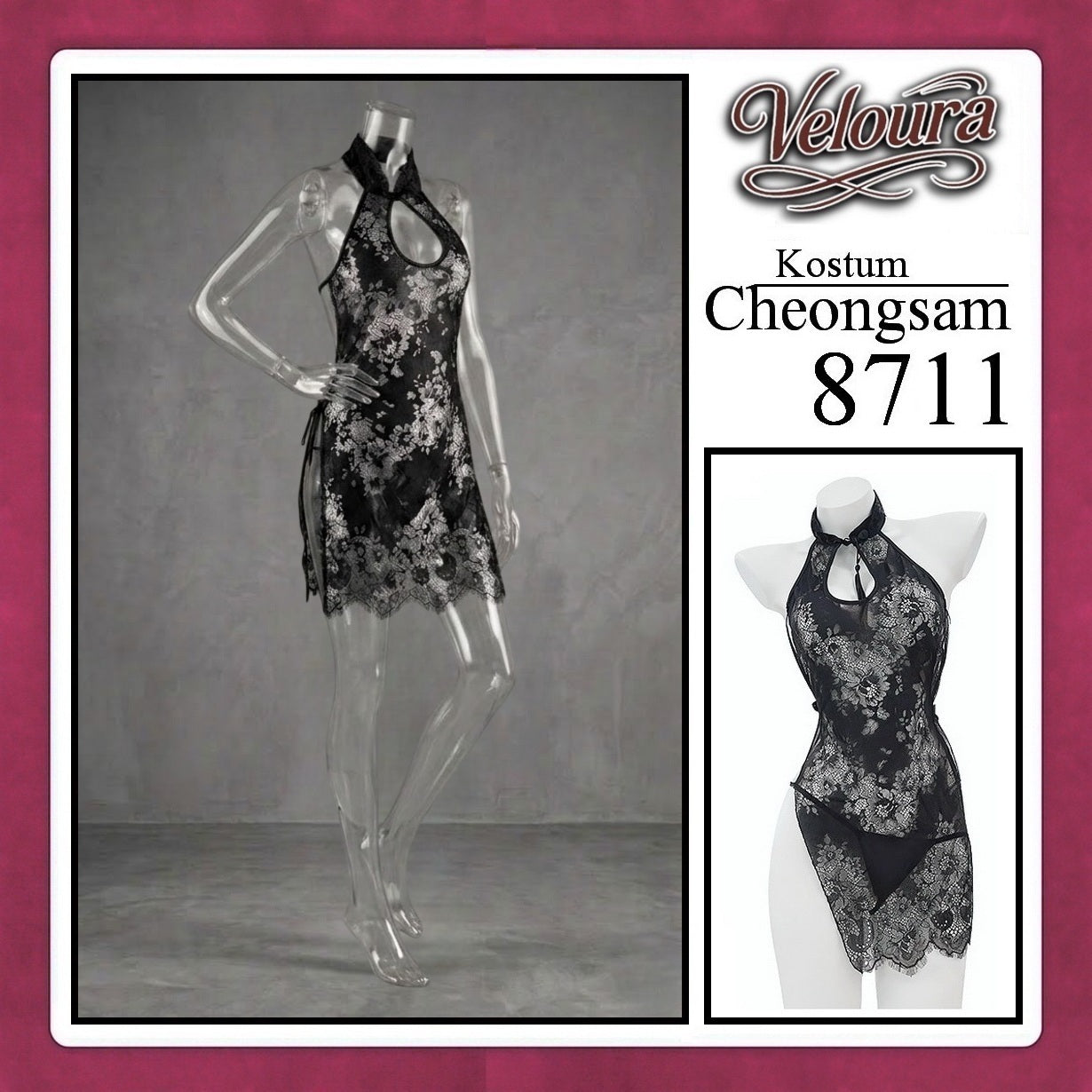 Veloura Pakaian Cheongsam Mini Kostum Lingerie Set Dress Sexy Model Baju China Black Red White 8711
